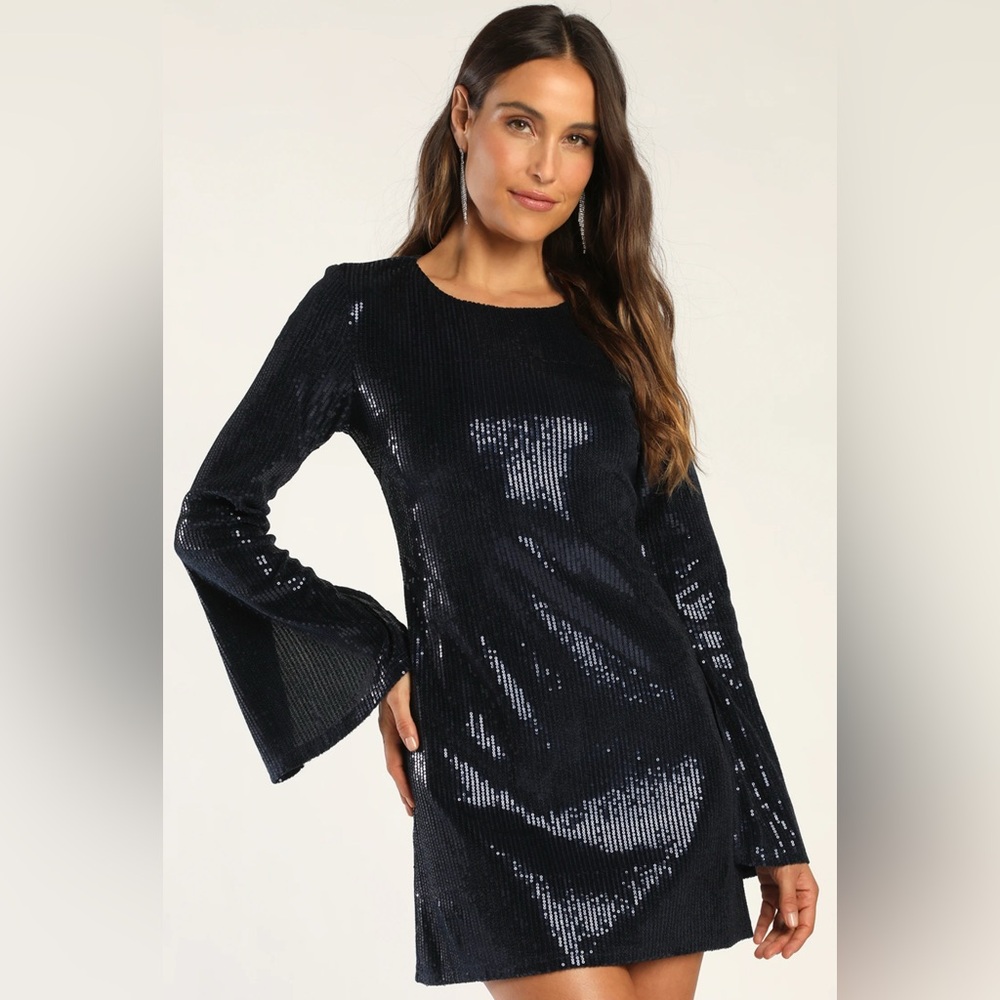Lulus - Navy Blue Sequin Long Sleeve Mini Dress